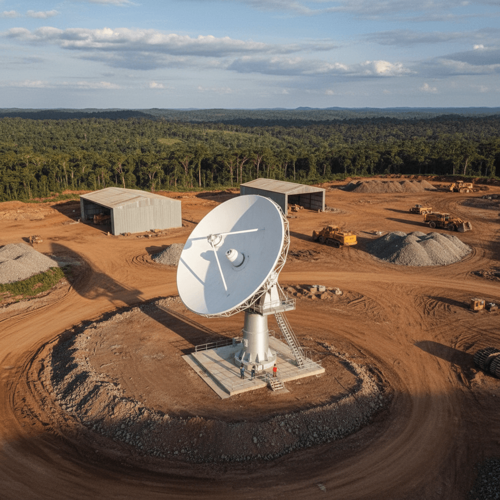 Antenne satellite VSAT installée sur un site industriel en zone reculée de la RDC