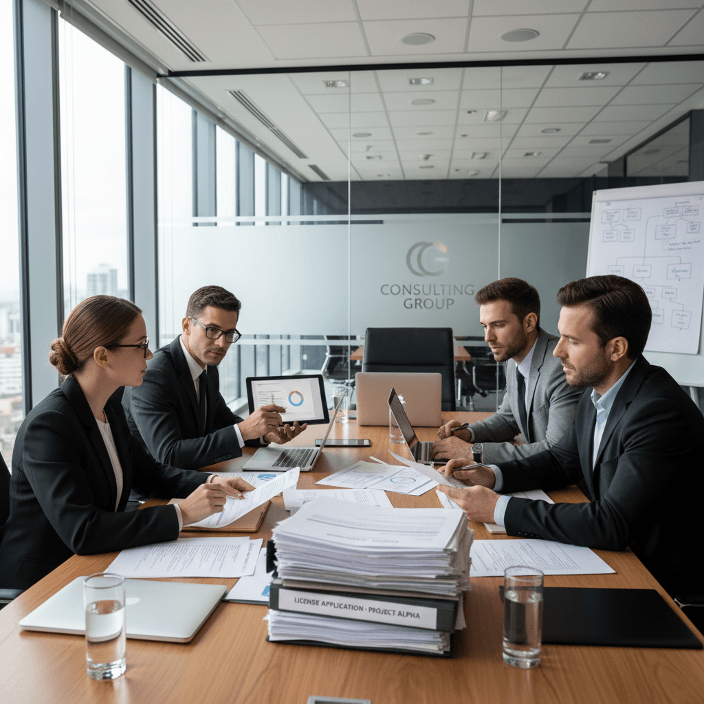 Réunion de consulting avec des professionnels autour d'un dossier de demande de licence