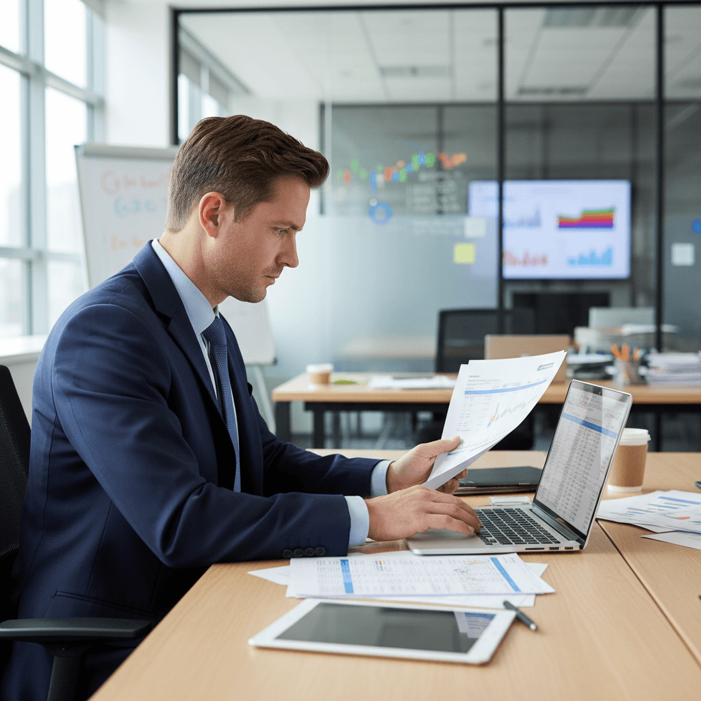 Papy EBELE, Directeur Technique de GTS SARL, en tenue professionnelle avec un ordinateur